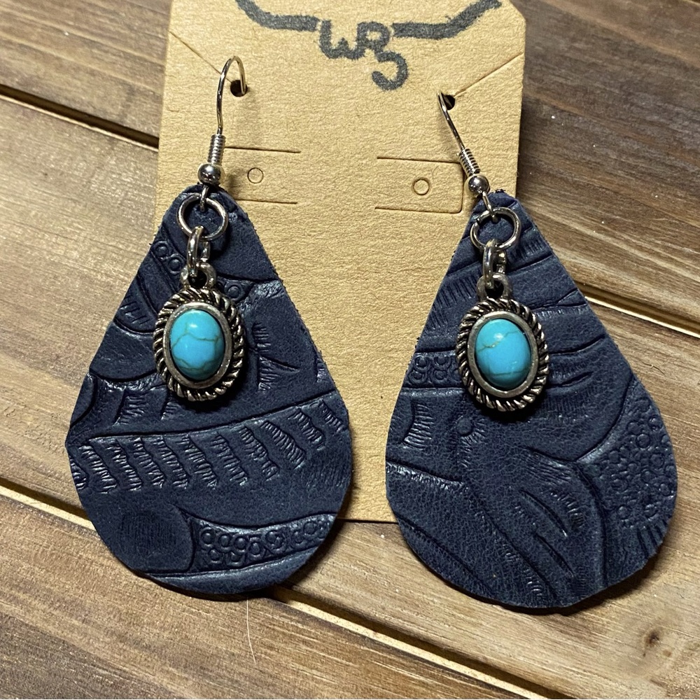 Turquoise Embossed Leather Earrings